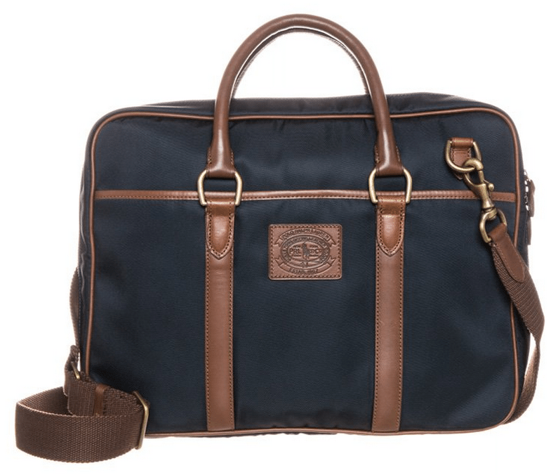 blå computertaske med læderstropper ralph lauren