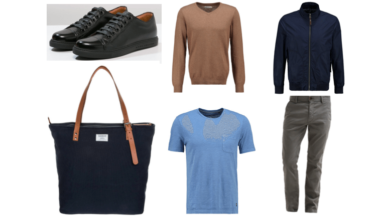 grå chinos sorte sneakers blå jakke