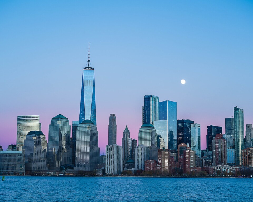 Manhattan skyline med One World Trade Center set fra vandet ved skumring