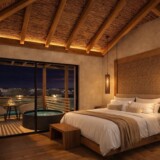 Seng og privat terrasse ved Stella Island Luxury Resort & Spa på Kreta