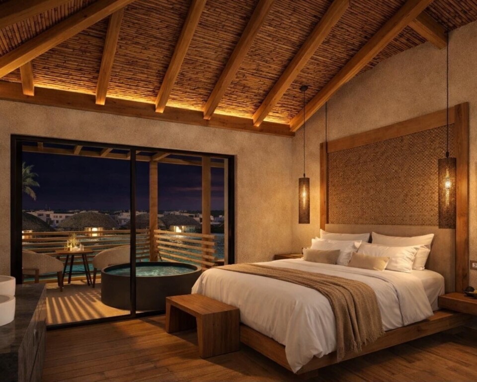 Seng og privat terrasse ved Stella Island Luxury Resort & Spa på Kreta