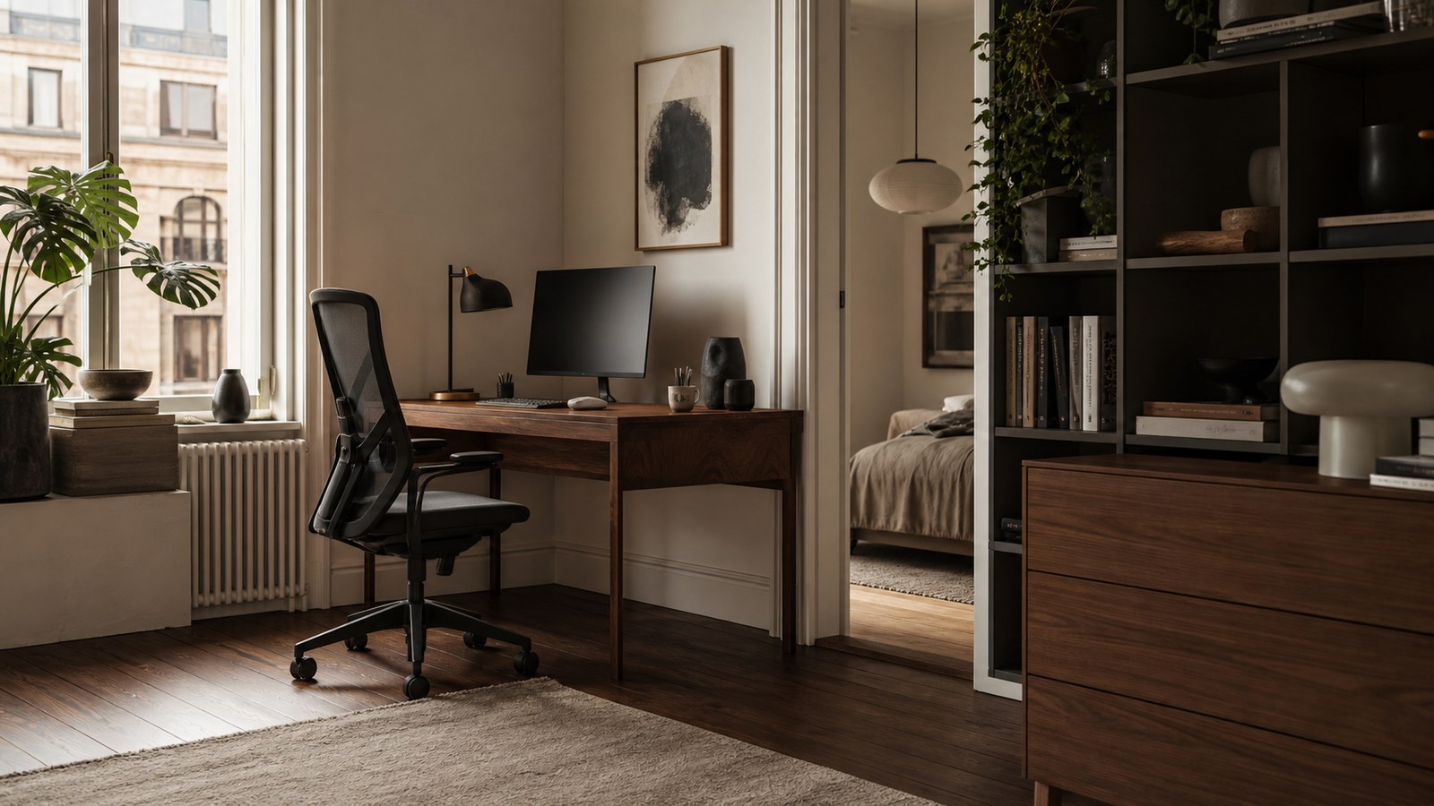 Hjemmekontor med ergonomisk kontorstol ved et skrivebord i varmt lys
