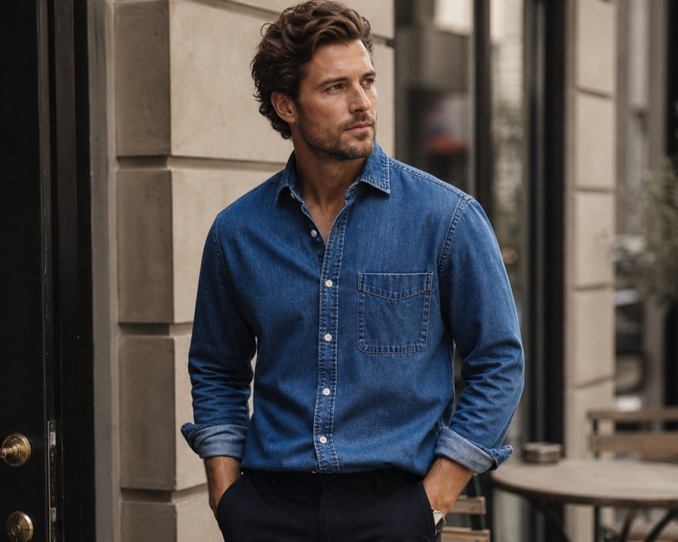 Mand i blå denimskjorte på en rolig byadresse