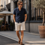 Mand i pæne hvide shorts på en europæisk bygade