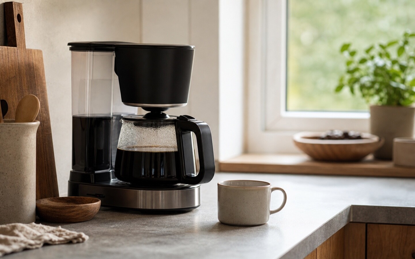 Kaffemaskine på køkkenbord i lyst hjem
