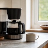Kaffemaskine på køkkenbord i lyst hjem