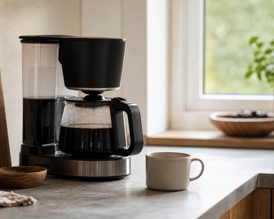 Kaffemaskine på køkkenbord i lyst hjem