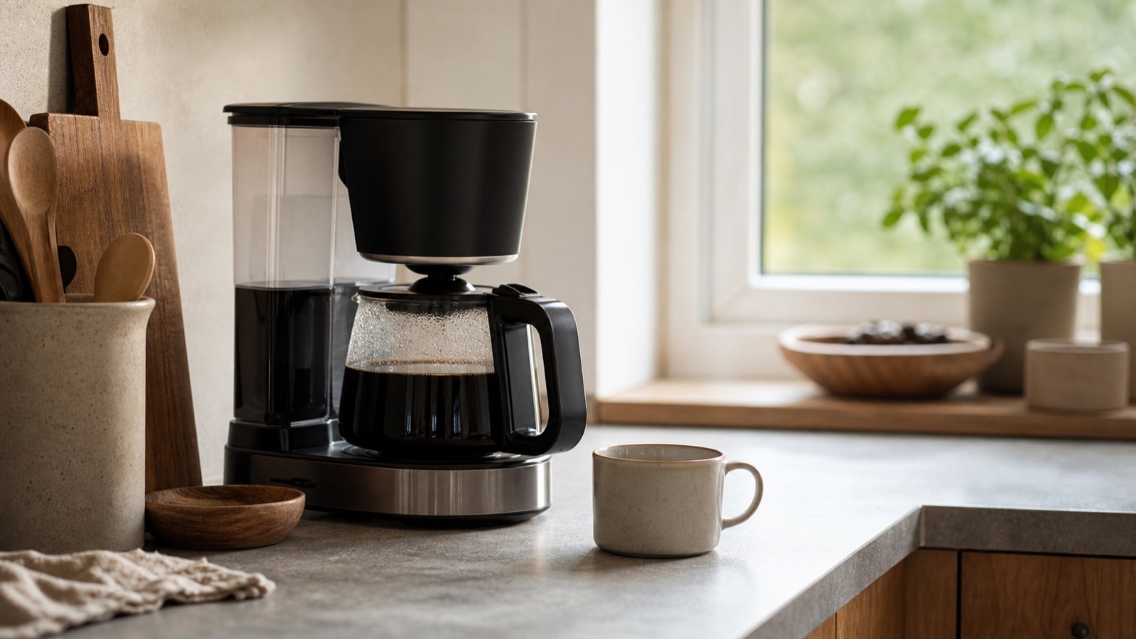 Kaffemaskine på køkkenbord i lyst hjem