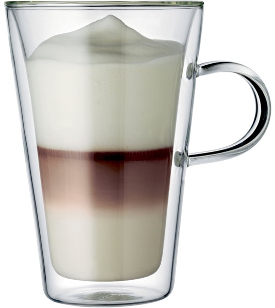 Bodum Canteen dobbeltvægget glas med hank og lagdelt kaffe