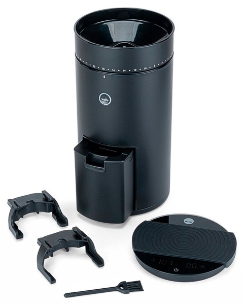 Sort Wilfa Uniform Evo CG4B-S150 kaffekværn med vægt og portafilteradaptere