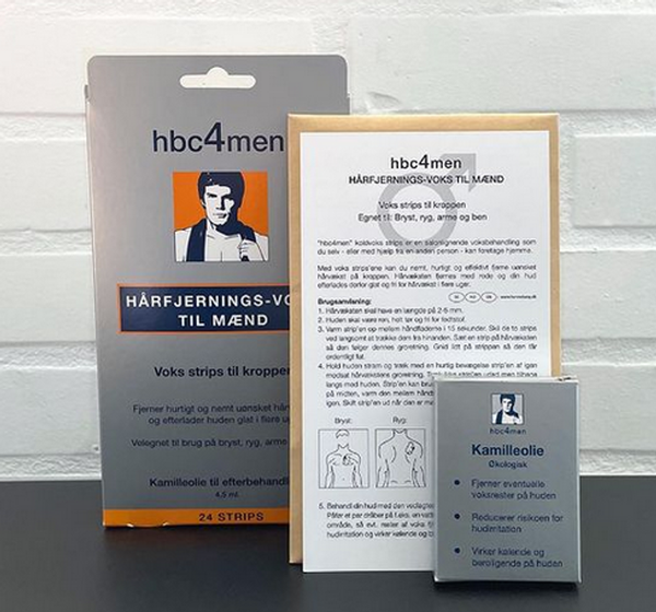 hbc4men Hair Removal Wax med 24 voksstrips og efterbehandlingsolie