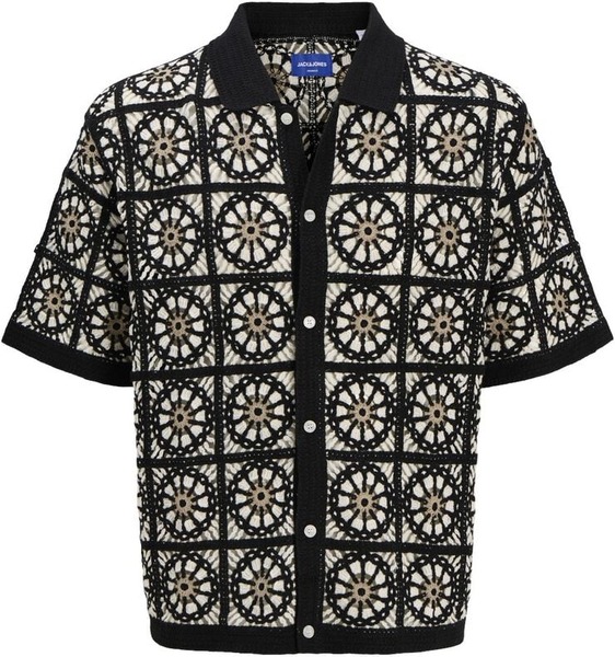 Jack og Jones sort og cremefarvet crochetstrikket polo