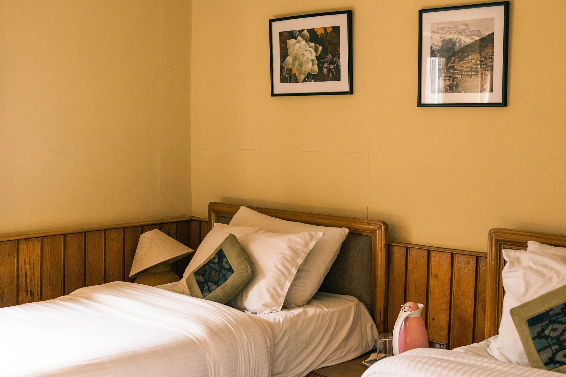 Enkelt lodge-værelse med to senge på Mountain Lodges of Nepal Namche