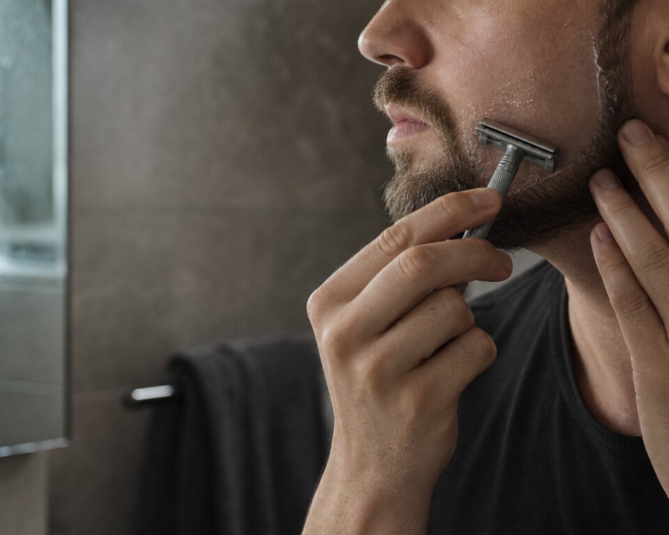 Mand former en skarp skægkant med klar barbergel og safety razor