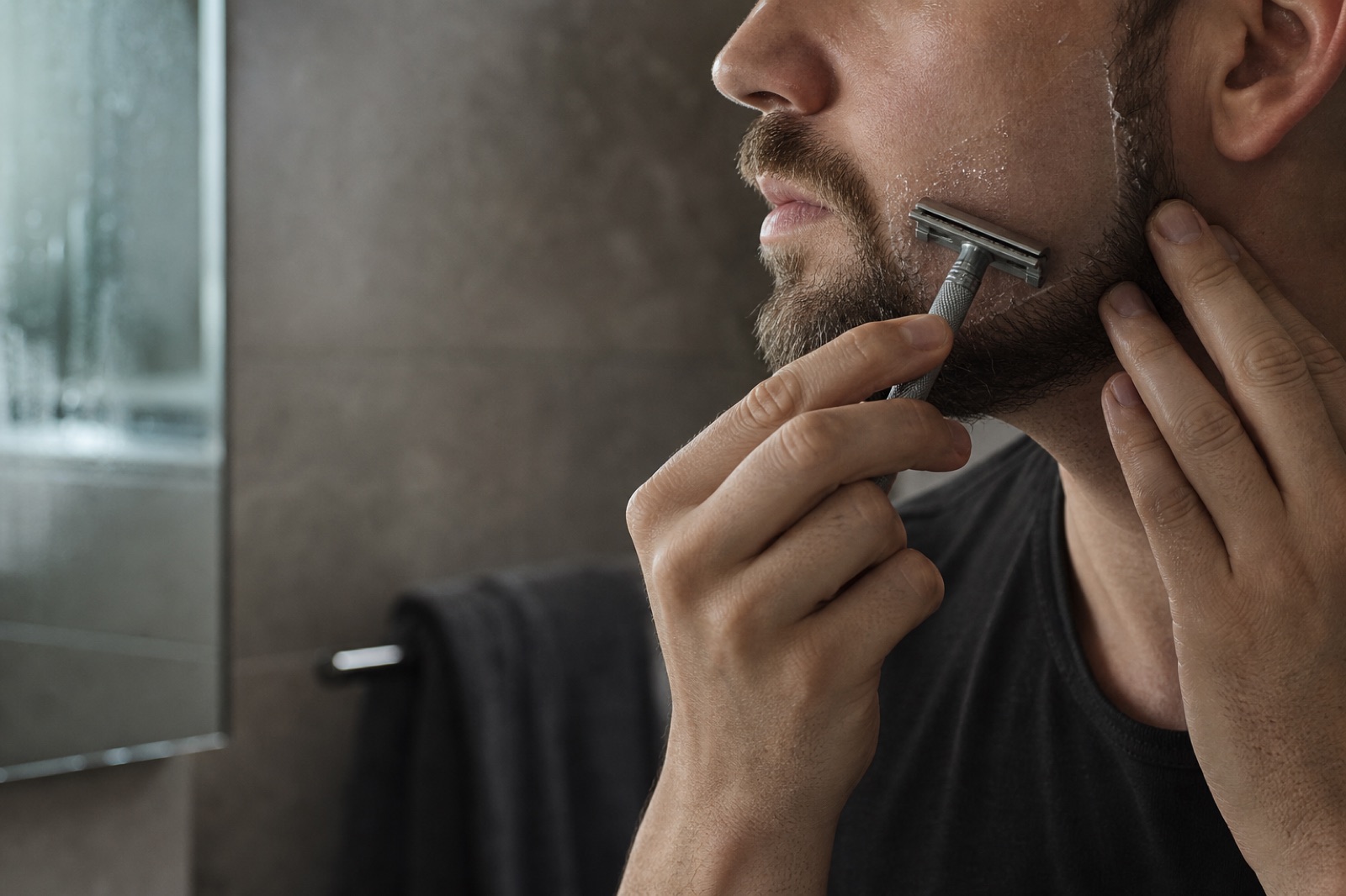 Mand former en skarp skægkant med klar barbergel og safety razor