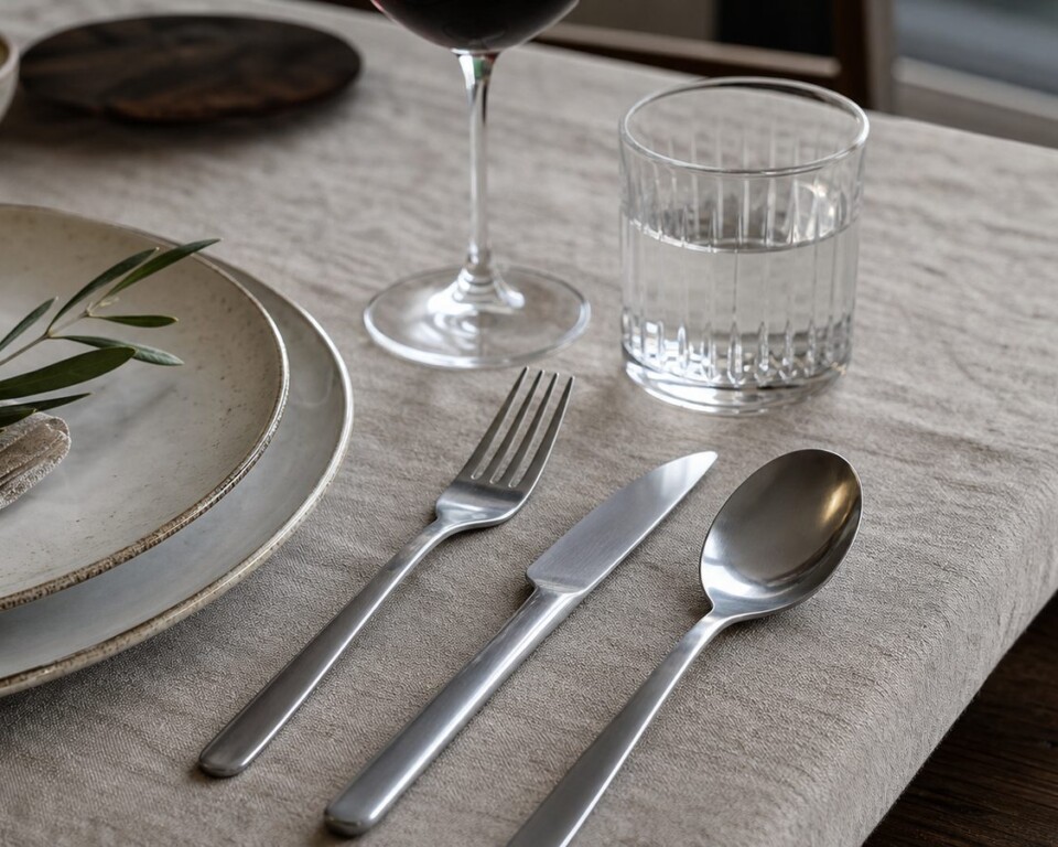 Dækket bord med rustfrit bestik, keramik, glas og linned