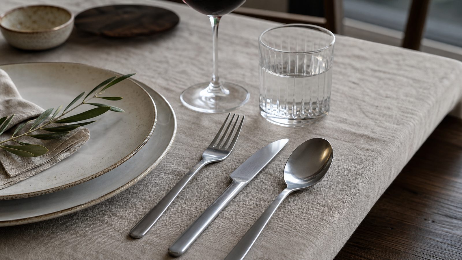 Dækket bord med rustfrit bestik, keramik, glas og linned