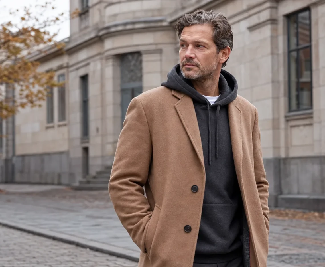 Voksen mand i mørkegrå hoodie og kamelfarvet frakke