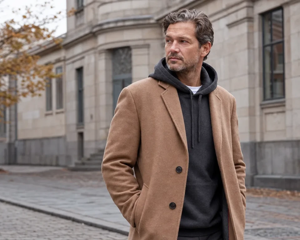 Voksen mand i mørkegrå hoodie og kamelfarvet frakke