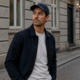 Mand med mørk kasket, hvid T-shirt og navy jakke i roligt bymiljø