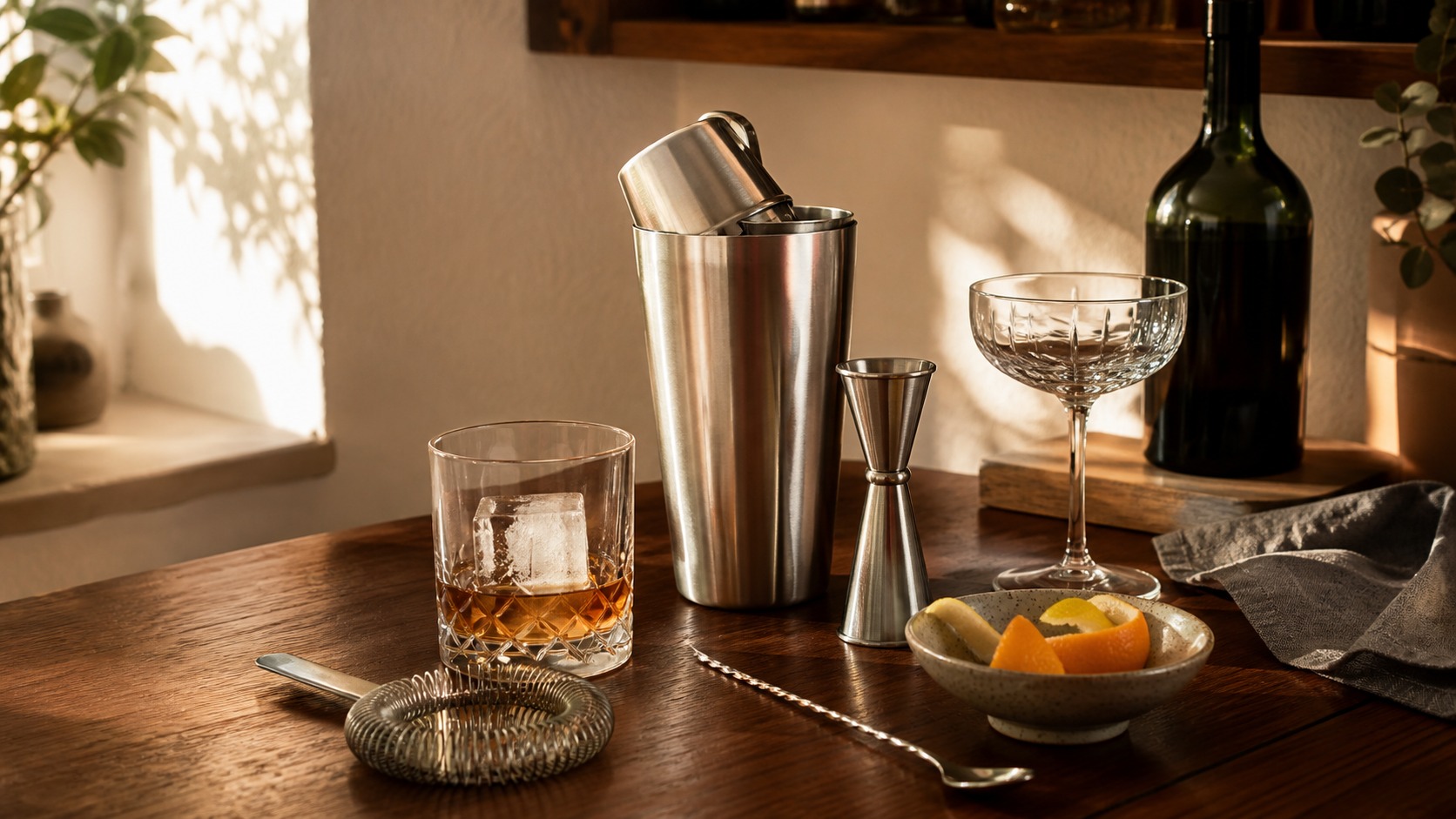 Cocktailshaker, jigger, si og cocktailglas på et varmt træbord i en hjemmebar