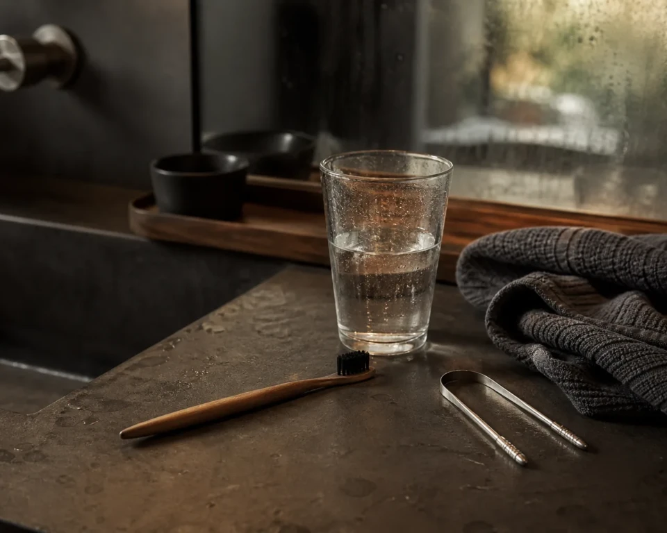 Tandbørste, glas vand og tungeskraber på en mørk badeværelsesbordplade