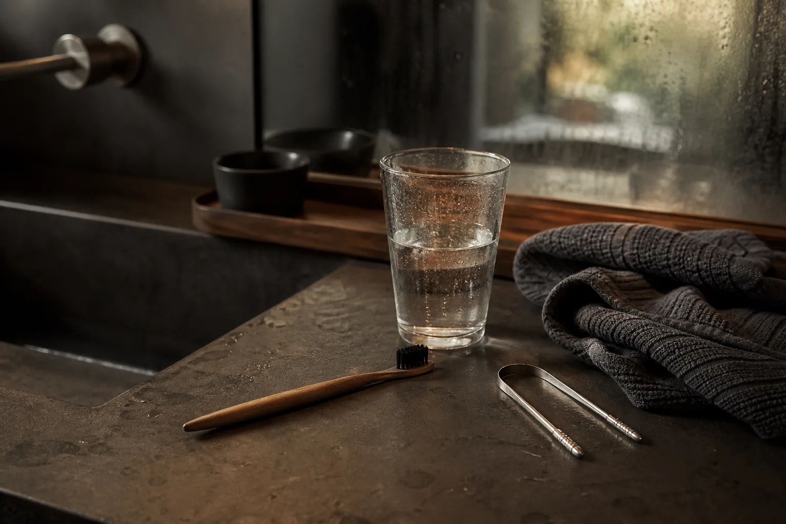 Tandbørste, glas vand og tungeskraber på en mørk badeværelsesbordplade