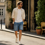 Mand i denimshorts, lys T-shirt og åben overshirt foran en sommerlig cafe