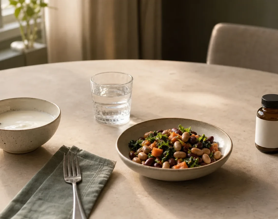 Yoghurt, bønnesalat, vand og en neutral tilskudsflaske på et lyst spisebord