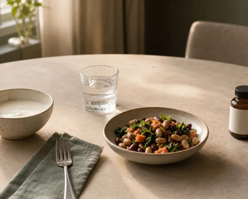 Yoghurt, bønnesalat, vand og en neutral tilskudsflaske på et lyst spisebord
