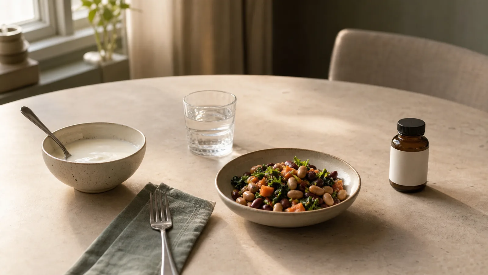 Yoghurt, bønnesalat, vand og en neutral tilskudsflaske på et lyst spisebord