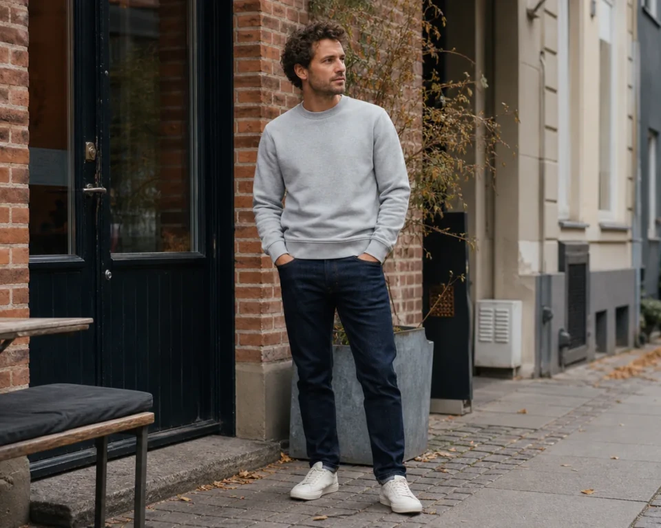Mand i grå sweatshirt, mørke jeans og hvide sneakers foran en cafe