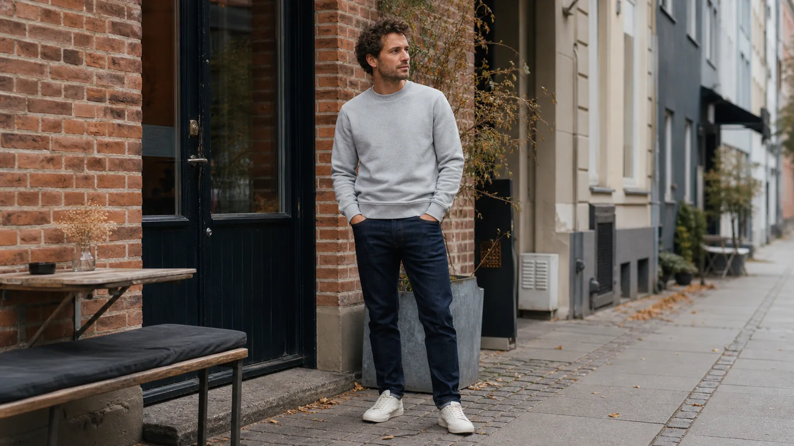 Mand i grå sweatshirt, mørke jeans og hvide sneakers foran en cafe