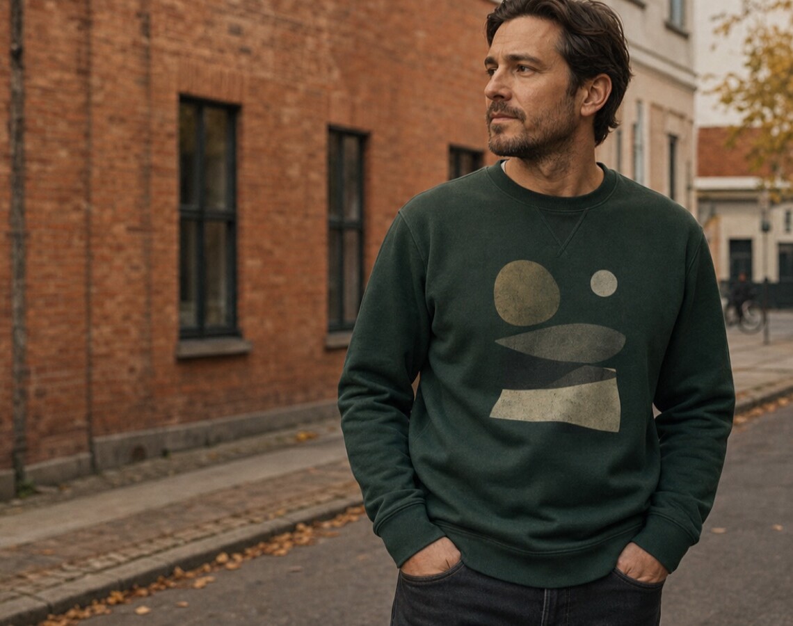 Mand i mørkegrøn grafisk sweatshirt på en københavnsk gade om efteråret