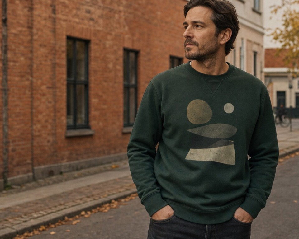 Mand i mørkegrøn grafisk sweatshirt på en københavnsk gade om efteråret