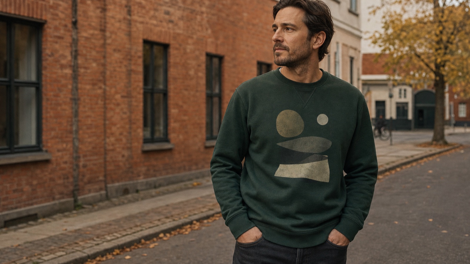 Mand i mørkegrøn grafisk sweatshirt på en københavnsk gade om efteråret