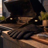 Sorte grillhandsker ved en varm grill på en terrasse