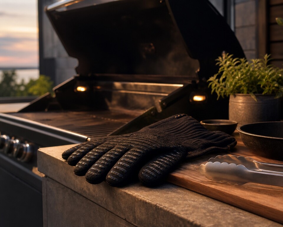 Sorte grillhandsker ved en varm grill på en terrasse