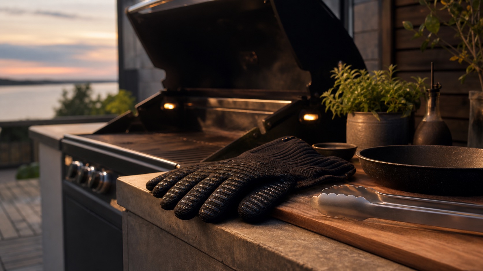 Sorte grillhandsker ved en varm grill på en terrasse