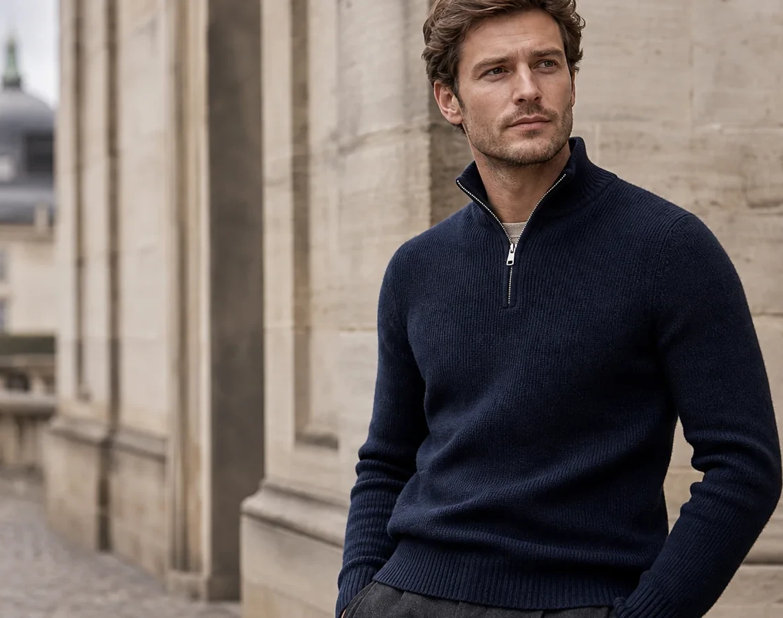 Mand i navy half-zip trøje i en klassisk europæisk by