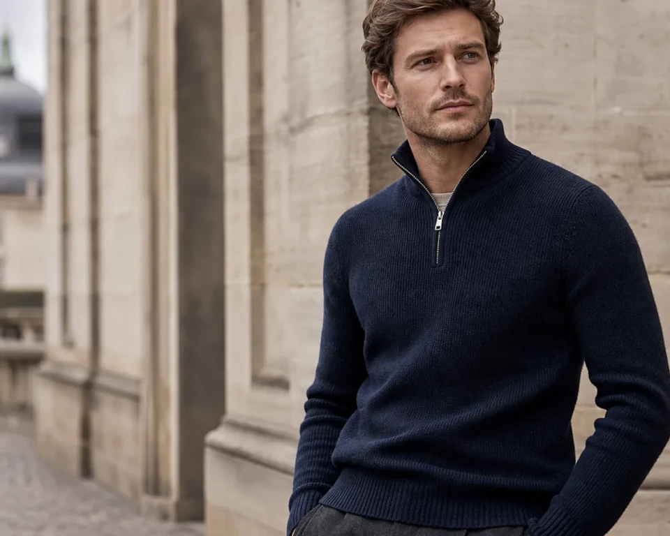 Mand i navy half-zip trøje i en klassisk europæisk by