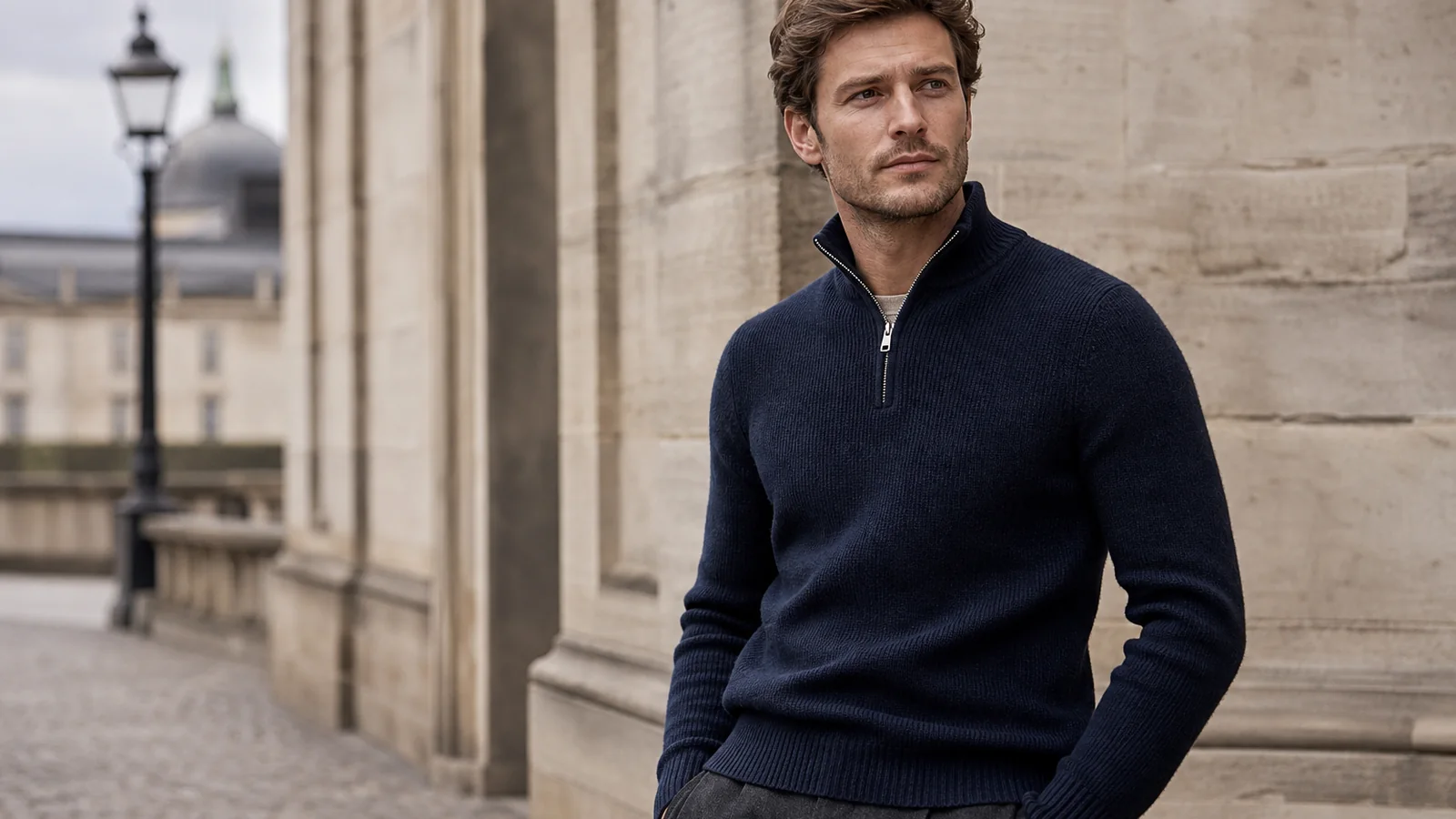 Mand i navy half-zip trøje i en klassisk europæisk by