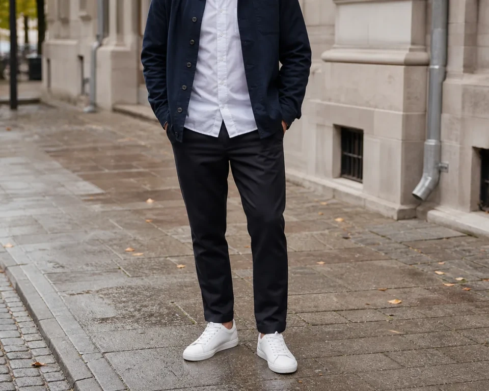 Mand i mørke bukser og hvide lædersneakers på vådt fortov