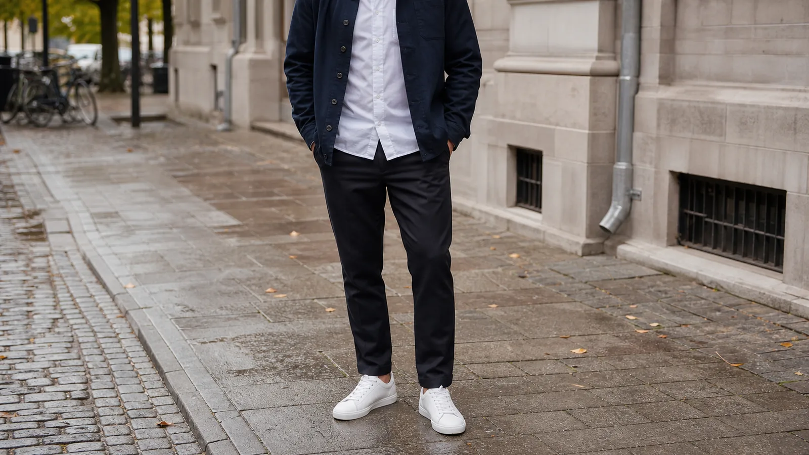 Mand i mørke bukser og hvide lædersneakers på vådt fortov