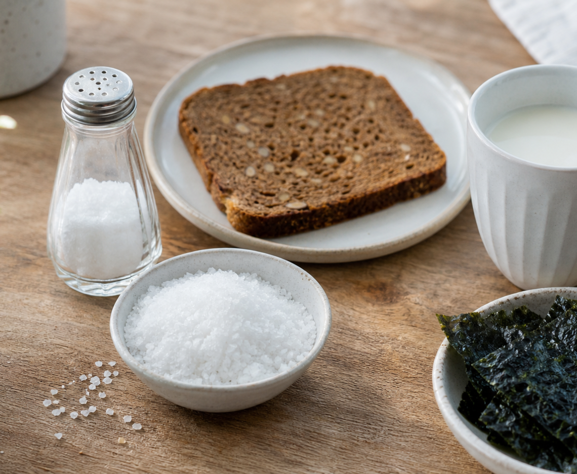 Jodkilder som salt, rugbrød, mælk og tang på et lyst køkkenbord