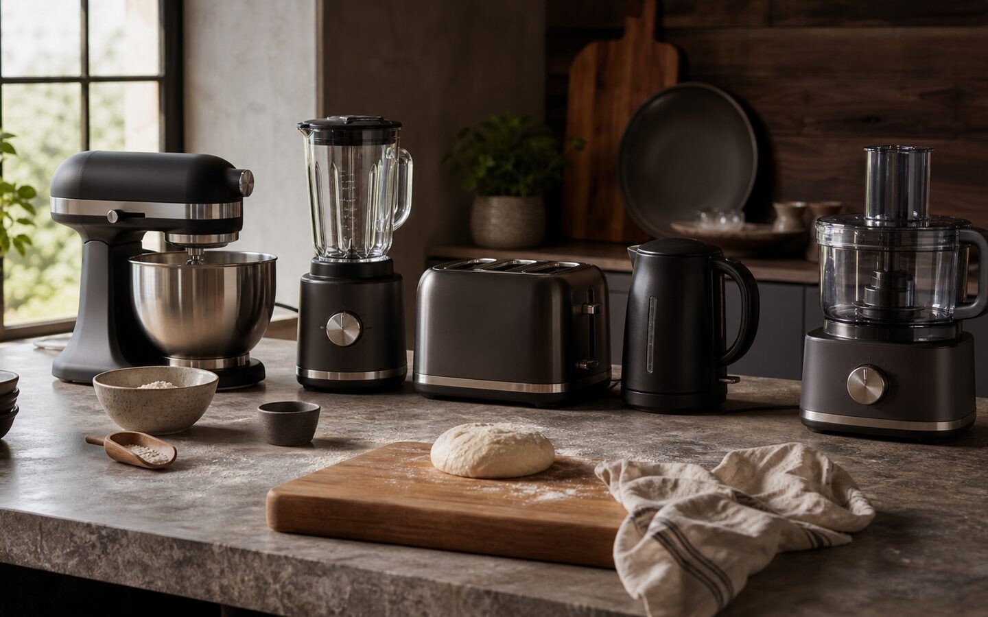 Seriøst køkkenbord med røremaskine, blender, brødrister, elkedel og foodprocessor