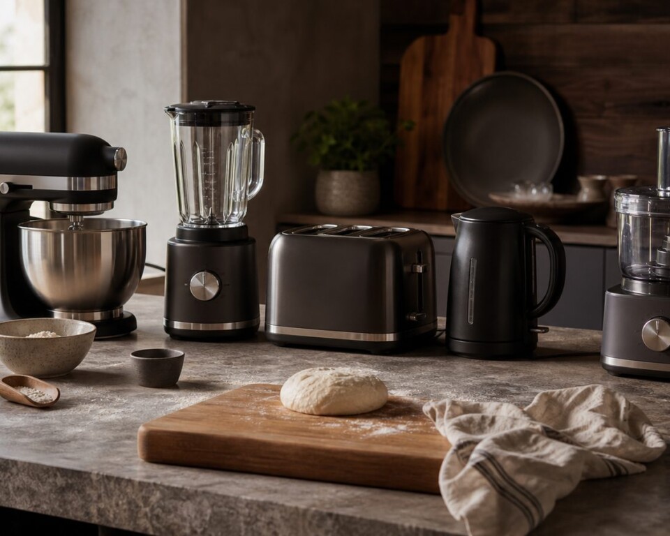 Seriøst køkkenbord med røremaskine, blender, brødrister, elkedel og foodprocessor