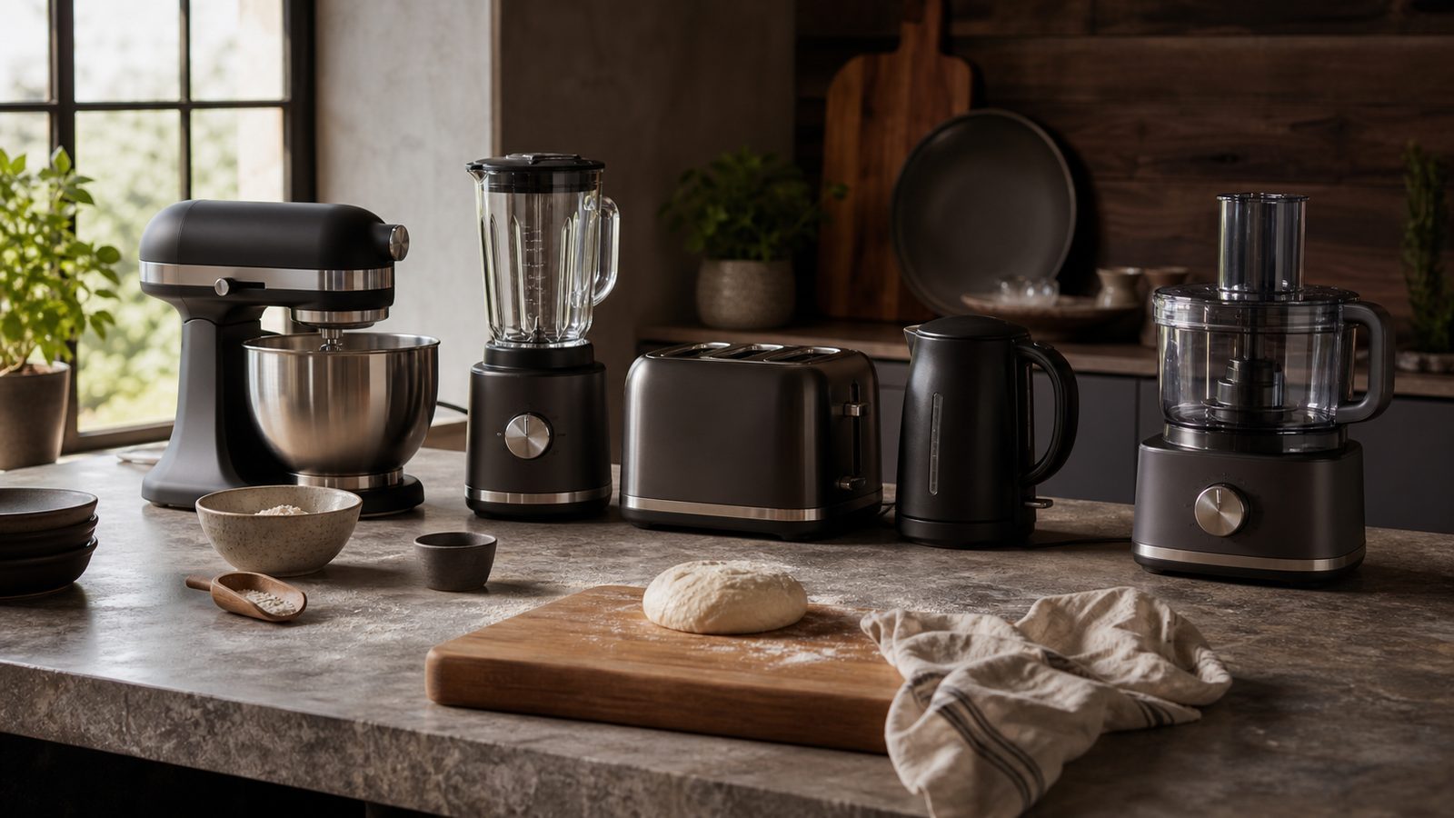 Seriøst køkkenbord med røremaskine, blender, brødrister, elkedel og foodprocessor
