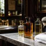 Klassiske herredufte på et mørkt barbershop-bord med barberkost og håndklæde