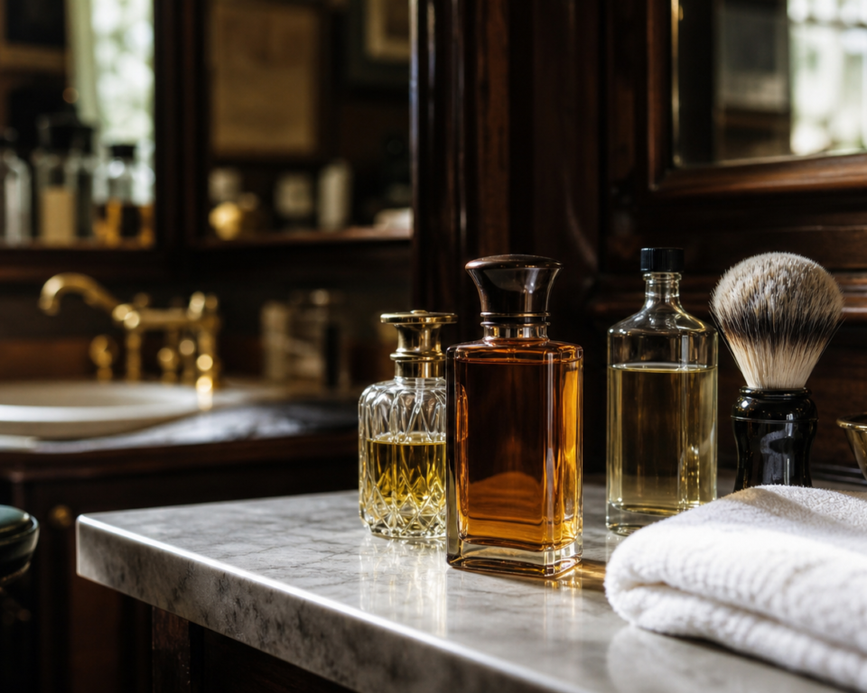 Klassiske herredufte på et mørkt barbershop-bord med barberkost og håndklæde